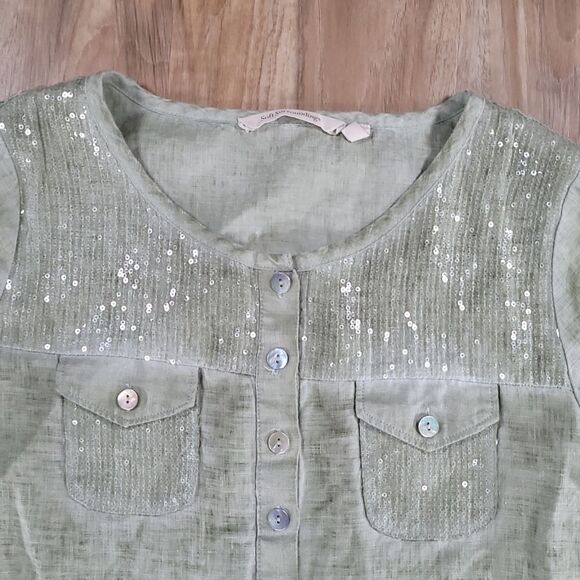 🔺️Soft Surroundings Olive Sequined Linen Long Sleeve Top XSmall - Picture 4 of 14